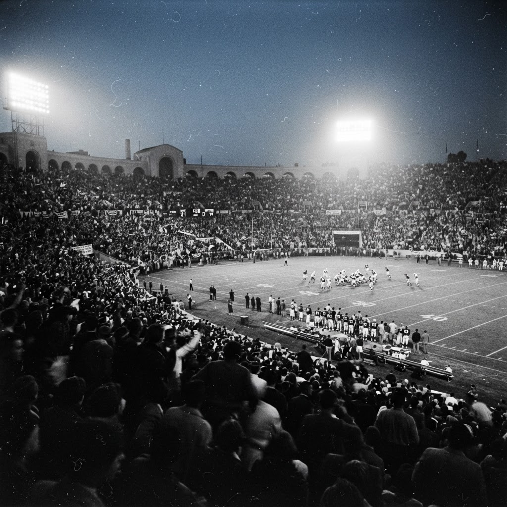 A packed football stadium glowing under lights at dusk